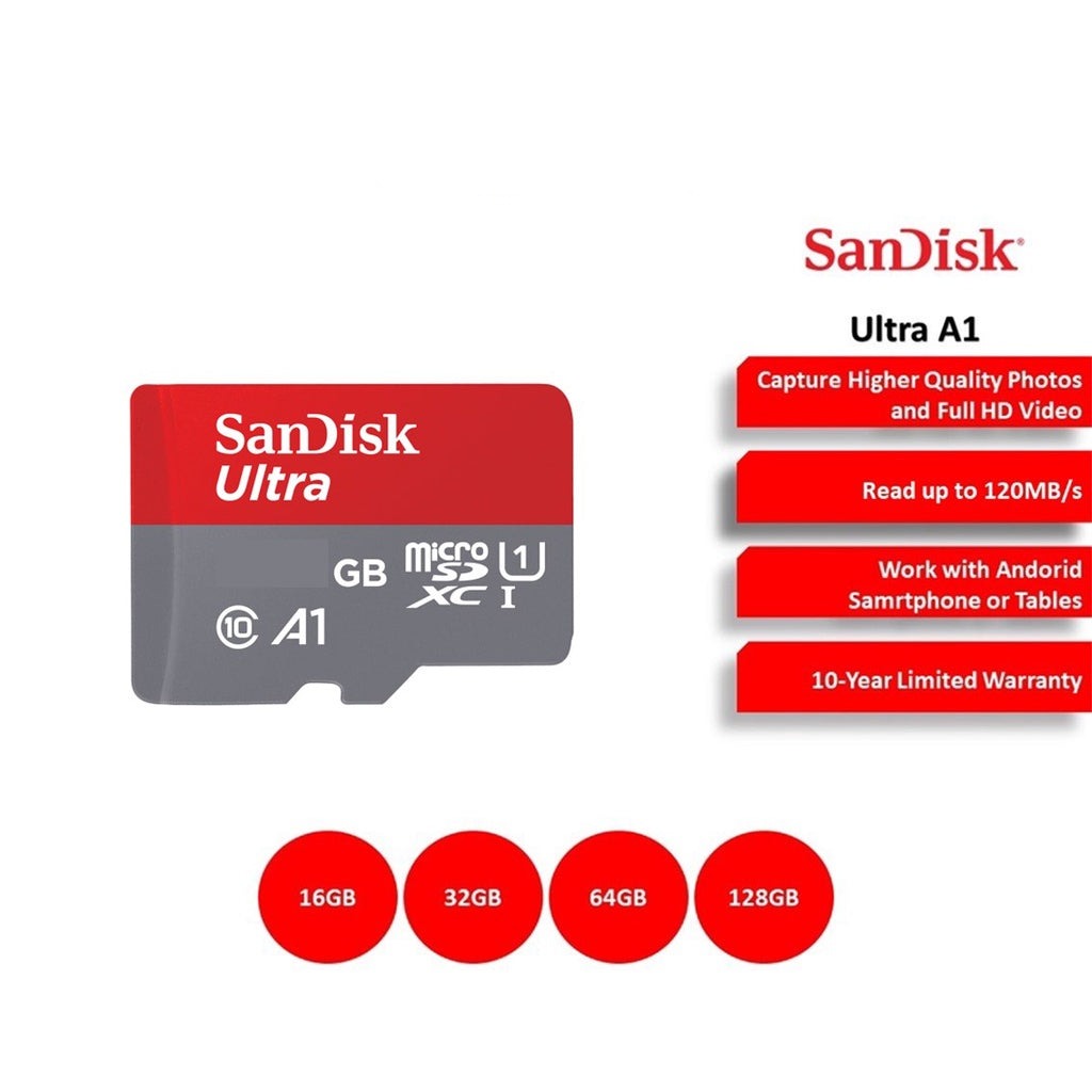 SanDisk Ultra A1 Class 10 Micro SD Memory Card - 32GB/64GB/128GB