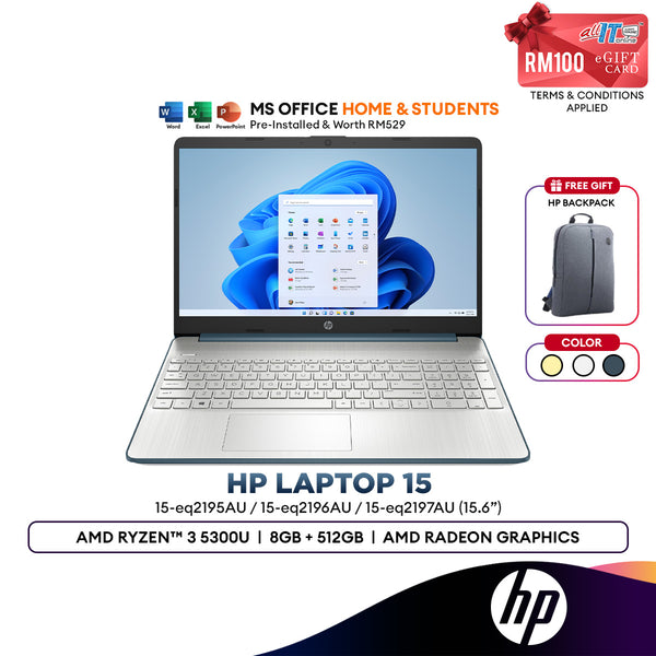 HP Laptop 15s-eq2195AU/eq2196AU/eq2197AU 15.6" Laptop (AMD Ryzen 3 5300U | 8GB | 512GB SSD | AMD Radeon Graphics | H&S)