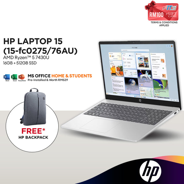 HP Laptop 15-fc0275/76AU 15.6" FHD Laptop (AMD Ryzen™ 5 7430U | 16GB | 512GB SSD | AMD Radeon™ Graphics | H&S)