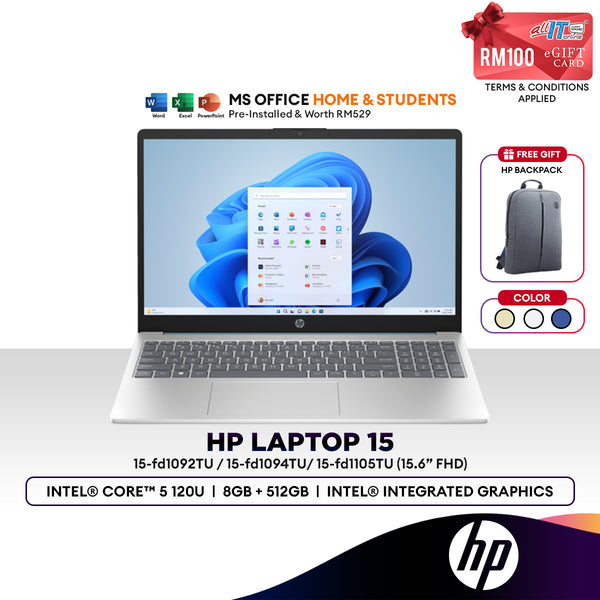 HP Laptop 15-fd1092TU /1094/1105 15.6" Laptop (Intel® Core™ 5 120U | 8GB | 512GB SSD | Intel® Integrated Graphics | H&S)