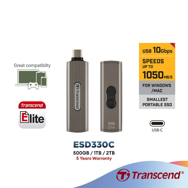 Transcend ESD330C Portable SSD USB-C Connector, USB 3.2 Gen 2 R: 1,050 MB/s, W: 950MB/s (512GB/1TB/2TB) For PS5 Laptop