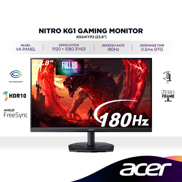 ACER NITRO KG241Y P3 / KG241YP3 GAMING MONITOR  (23.8" VA FHD / 0.5MS / 180HZ / AMD FREESYNC / HDMI + DP)