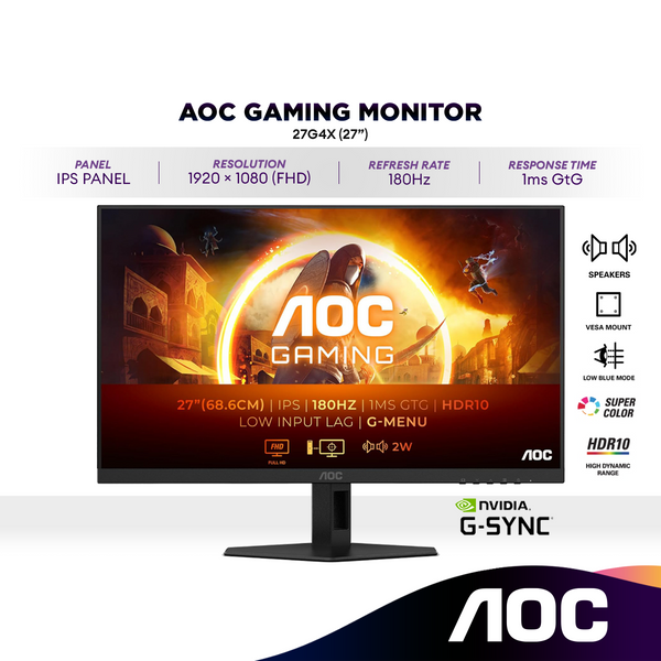 AOC 27G4X 27" 180Hz Gaming Monitor FHD Fast IPS HDR10 G-SYNC Compatible Frameless Monitor With Speaker