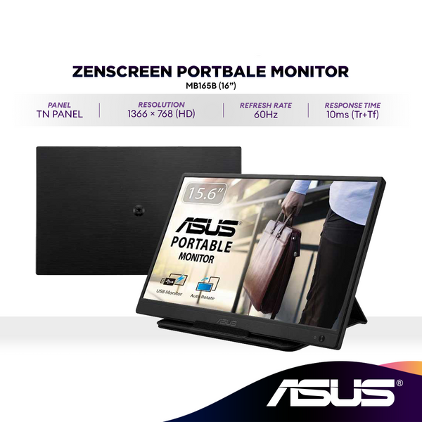 ASUS ZenScreen MB165B Portable USB Monitor 16" inch (15.6 inch viewable) | HD(1366x768) | Narrow Bezel | USB-powered | Anti-glare surface