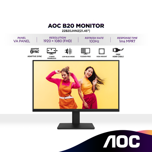 AOC 22B20JHN2 21.45" Full HD 100Hz Monitor | Adaptive Sync | VA Panel | 1920x1080 (FHD)