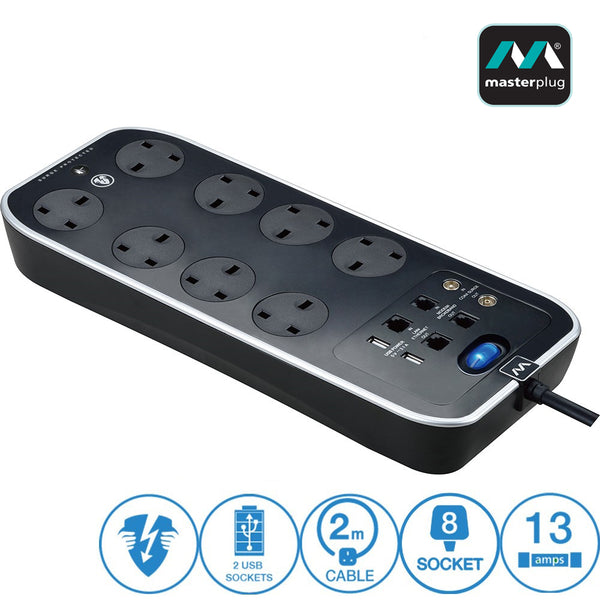 Masterplug Surge Protector 8 Gang 2 USB 3.1A 2 Meter Extension Leads Sockets Power Cord Polished (SRGSUTAC82PB-MPA)