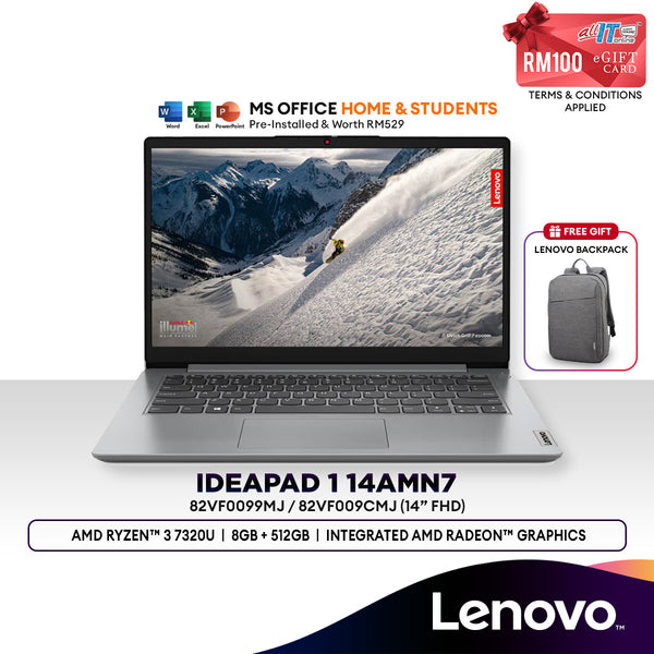 Lenovo IdeaPad 1 14AMN7 14" FHD Laptop (AMD Ryzen™ 3 7320U | 8GB | 512GB SSD | AMD  Radeon™ Graphics | H&S | W11)