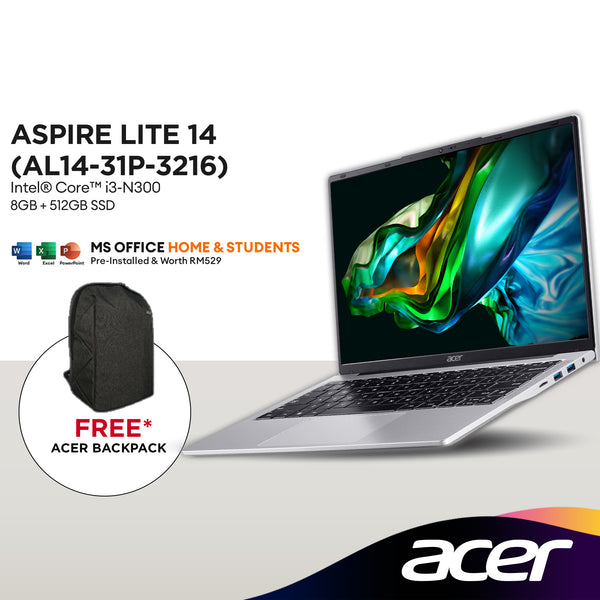 Acer Aspire Lite 14 AL14-31P-3216 14" WUXGA Laptop (Intel® Core™ i3-N300 | 8GB | 512GB SSD | Intel® UHD Graphics | H&S)