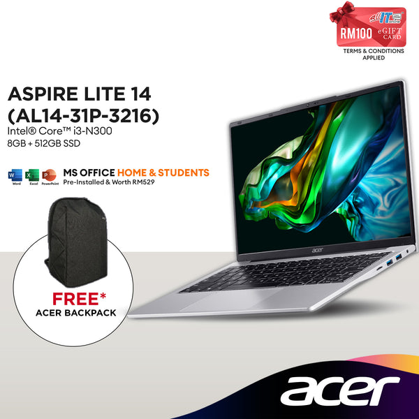 Acer Aspire Lite 14 AL14-31P-3216 14" WUXGA Laptop (Intel® Core™ i3-N300 | 8GB | 512GB SSD | Intel® UHD Graphics | H&S)