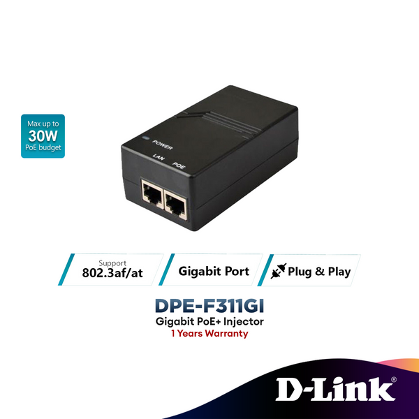 D-Link DPE-F311GI 1-port Gigabit 802.3af PoE & 802.3at PoE+ Injector to Supply Power to Network CCTV Camera / Access Point / IP Phones | Power 30W