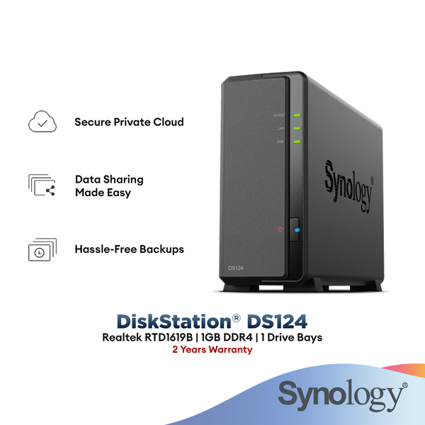 Synology DiskStation DS124 NAS Home Cloud Storage | Realtek RTD1619B | 1 GB DDR4