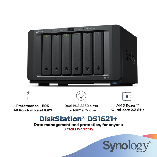 Synology DiskStation DS1621+ 6-Bay NAS Enclosure | AMD Ryzen™ Quad-core 2.2 GHz | 4 GB DDR4 ECC SODIMM | GbE x4 | Diskless