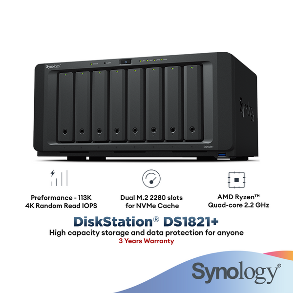 Synology DiskStation DS1821+ 8-Bay NAS Enclosure | AMD Ryzen™ Quad-core 2.2 GHz | 4 GB DDR4 ECC SODIMM | GbE x4 | Diskless