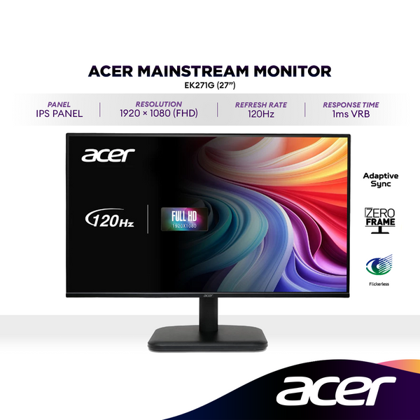 ACER EK271G 27" IPS FHD Work & Play Monitor | 120Hz | Adaptive Sync | 1ms VRB | 1080p | VGA / HDMI