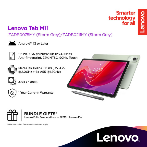 Lenovo Tab M11 LTE TB-330XU Tablet With Lenovo Tab Pen 4GB RAM + 128GB ROM -  (Seafoam Green) ZADB0075MY / (Luna Grey) ZADB0211MY