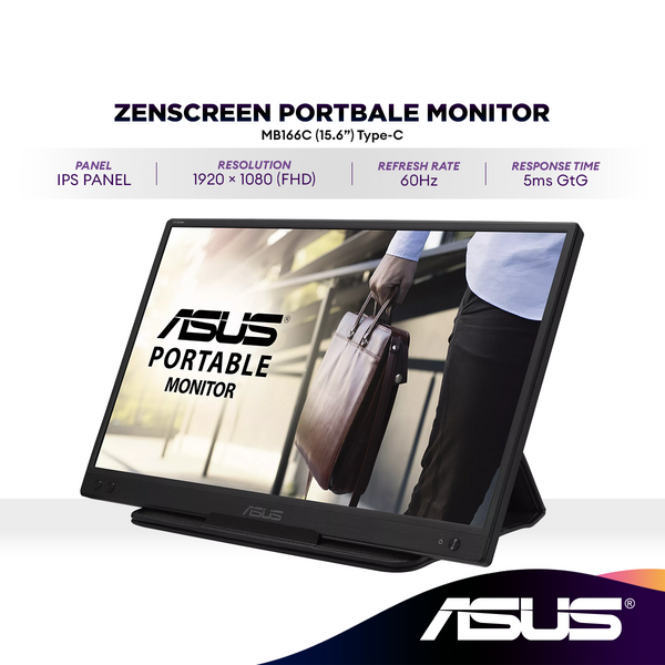 ASUS ZenScreen MB166C Portable USB Monitor 15.6" inch | Full HD | IPS | USB Type-C | Flicker Free | Blue Light Filter | Anti-glare surface