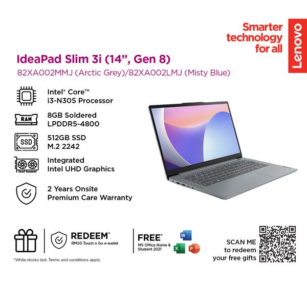 Lenovo IdeaPad Slim 3 14IAN8 14" FHD Laptop (Intel® Core™ i3-N305 | 8GB | 512GB SSD | Intel® UHD Graphics | H&S)