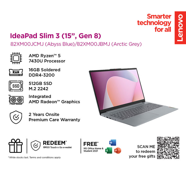 Lenovo IdeaPad Slim 3 15ABR8 15.6" FHD Laptop (AMD Ryzen™ 5 7430U | 16GB | 512GB SSD | AMD  Radeon™ Graphics | H&S | W11)