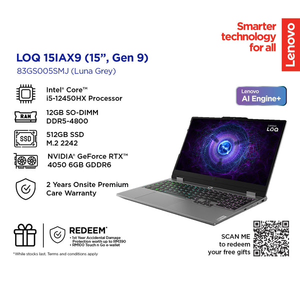 Lenovo LOQ 15IAX9 15.6" FHD 144Hz Gaming Laptop (Intel® Core™ i5-12450HX | 12GB | 512GB SSD | RTX™ 4050)