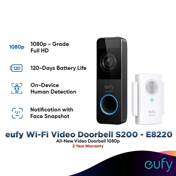 Anker E8220 eufy Wi-Fi Video Doorbell S200 with Wireless Chime 1080p-Grade Resolution 120-day Battery No Monthly Fees Human Detection 2-Way Audio