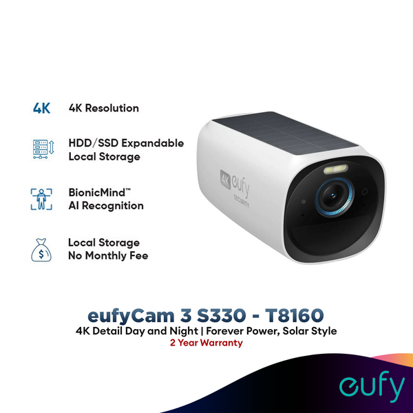 Anker T8160 Eufy s330 eufyCam 3 4K Wireless Security Camera with Integrated Solar Panel Face Recognition AI eufy Security Camera with expandable local storage Forever Power Outdoor Camera Spotlight and Colour Night Vision