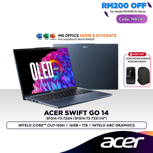 [NB200] Acer Swift Go 14 SFG14-73-726N/7331 14" Laptop (Intel® Core™ CU7-155H | 16GB | 1TB SSD | Intel® ARC Graphics)