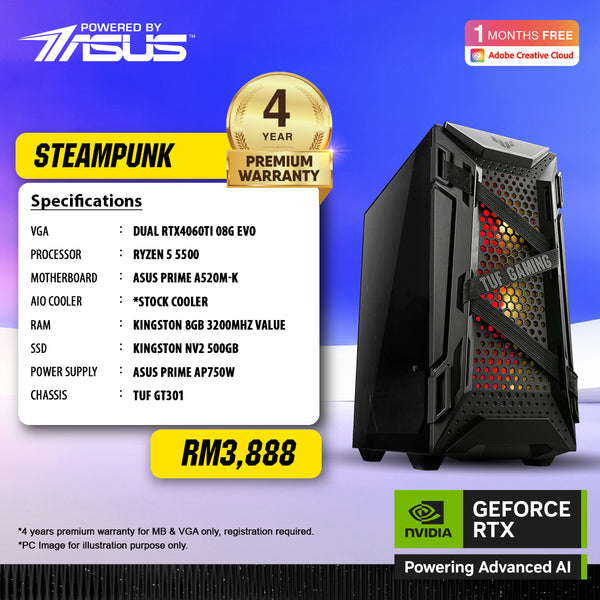 STEAMPUNK AI PC | GeForce RTX™ 4060 Ti | AMD Ryzen 5 5500 / 8GB RAM / 500GB SSD (Powered By ASUS) Gaming PC Package