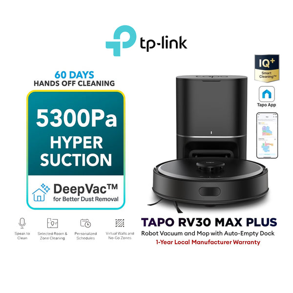 TP-Link Tapo RV30 Max Plus 5300Pa Robot Vacuum Cleaner | LiDAR+IMU Dual Navigation | Auto Empty with Dock Dustbin 3L Large Dust Bag