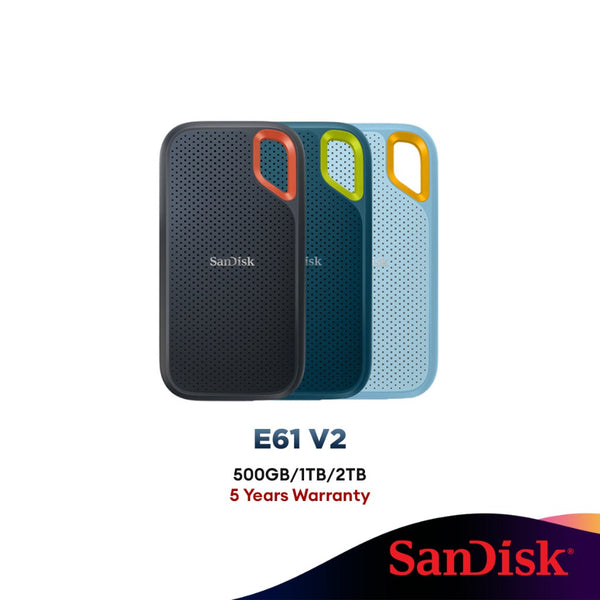 SanDisk Extreme Portable SSD 1050MB/s E61 Type-C IP55 Shock-Resistant Water-Resistant Drop Protection (500GB / 1TB / 2TB)