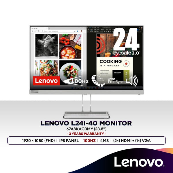 Lenovo L24i-40 24" FHD (IPS Panel) 100Hz Monitor | AMD FreeSync | Built-In Speaker | Office & Home Monitor | 67A8KAC3MY