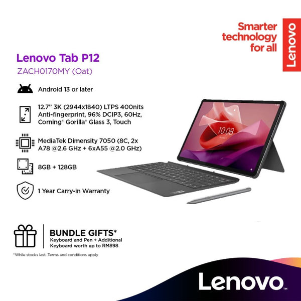 Lenovo Tab P12 TB370FU 12.7" 3K Tablet Wifi (Keyboard Pack + Tab Pen Plus) 8GB / 128GB ZACH0170MY