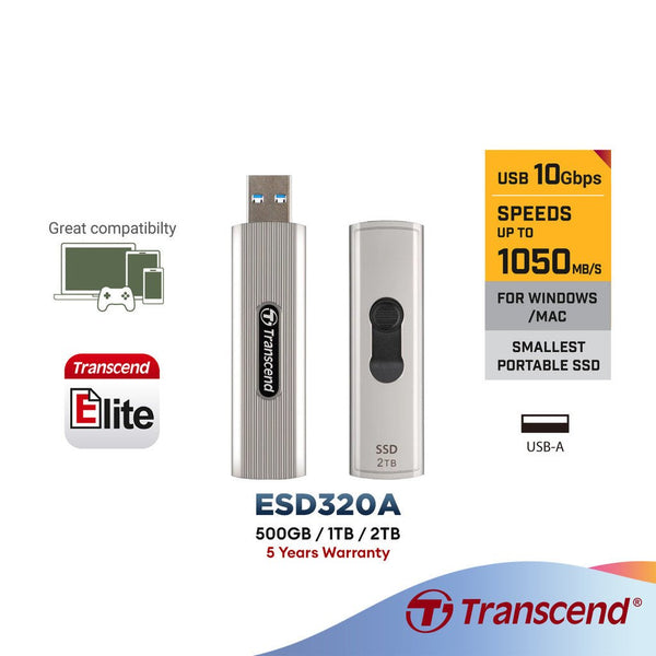 Transcend ESD320A Smallest Portable External SSD, USB-A Connector, USB 3.2 Gen 2 10Gbps - (512GB/1TB/2TB) For PS5, PC