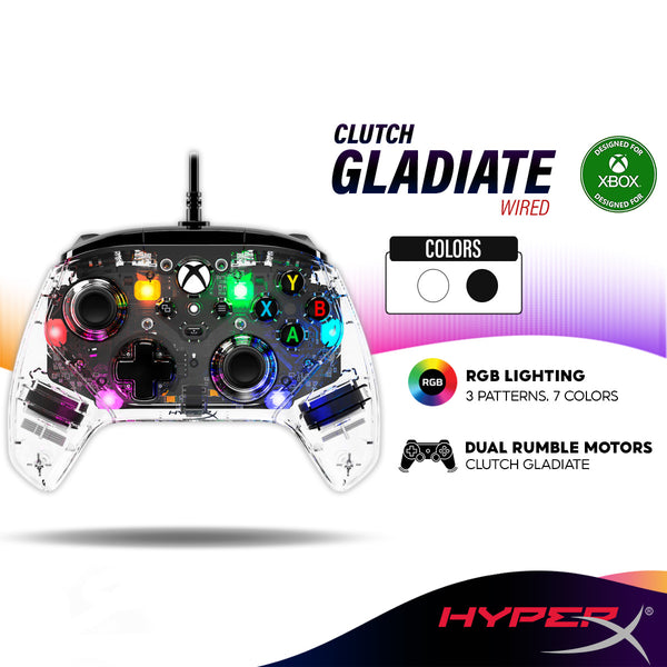 HyperX Clutch Gladiate Wired Gaming Controller with Dual Rumble Motors and Dual Trigger Locks - Clear (RGB) / Black