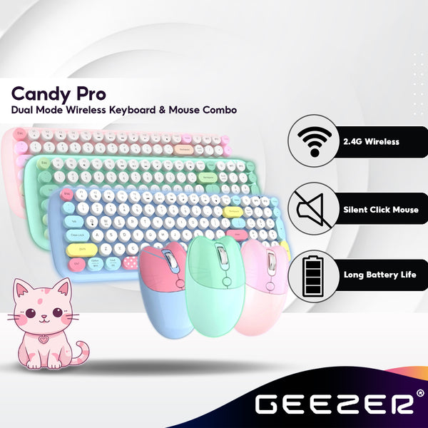 GEEZER Candy Pro Bluetooth Wireless Keyboard and Mouse Combo Set with Retro Cute Design - Blue/Pink/Green