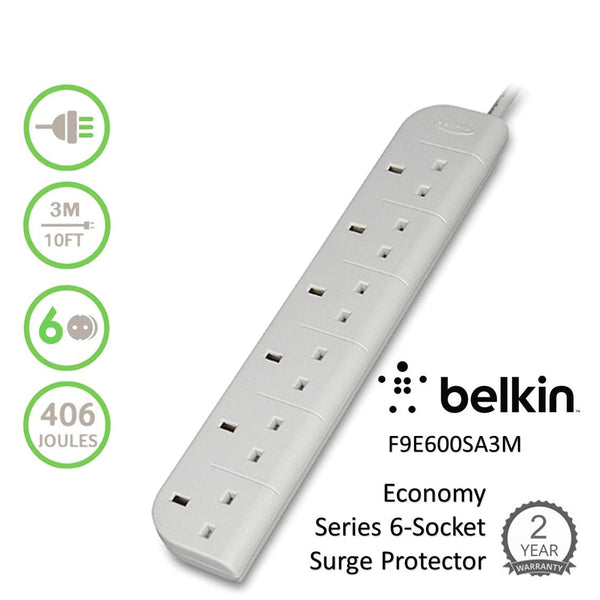 Belkin 6-Way 3m F9E600SA3M Economy Series 6-Socket Surge Protector